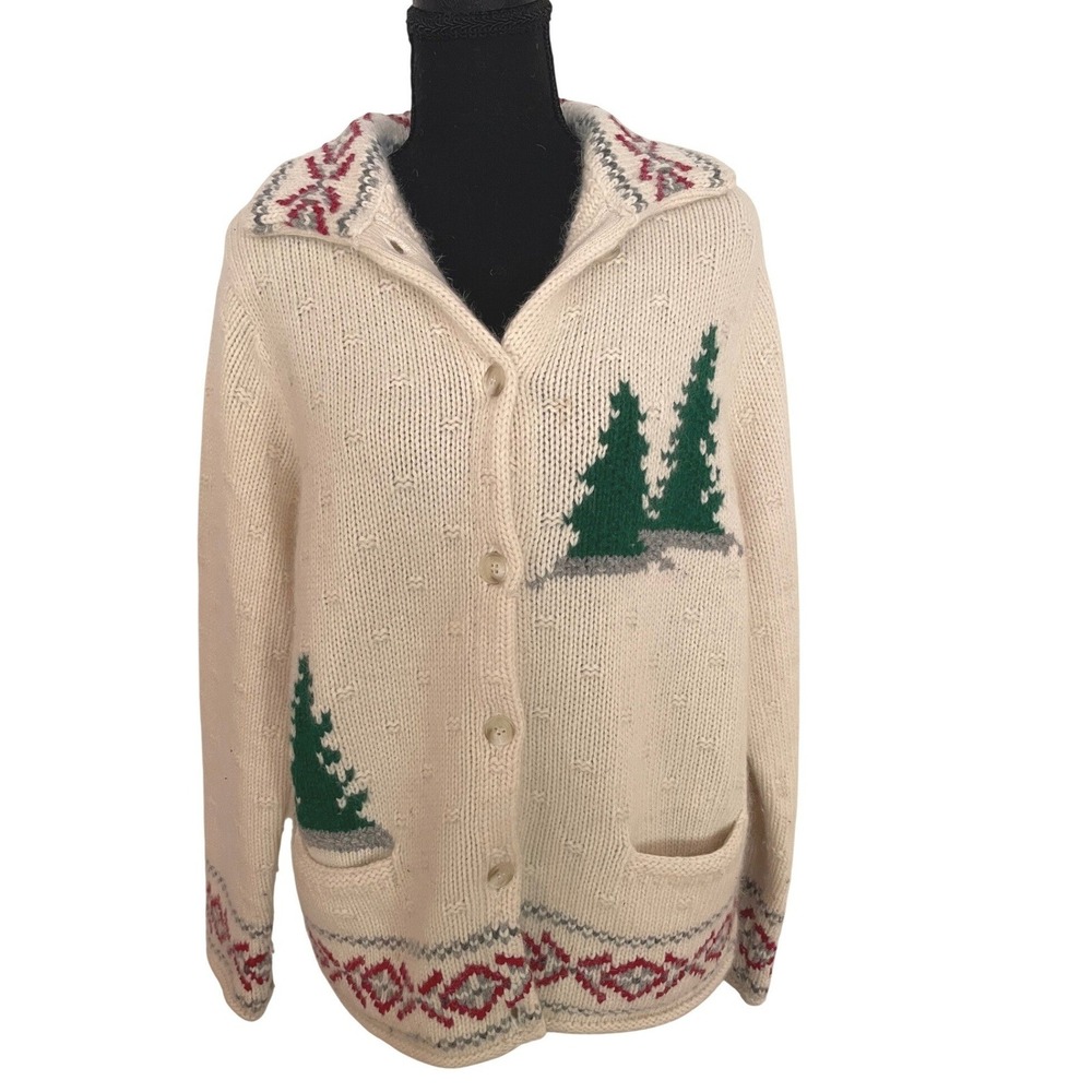 Liz Claiborne Cardigan Womens PM Cream Wool Angora Pine Tree Fair Isle Vintage